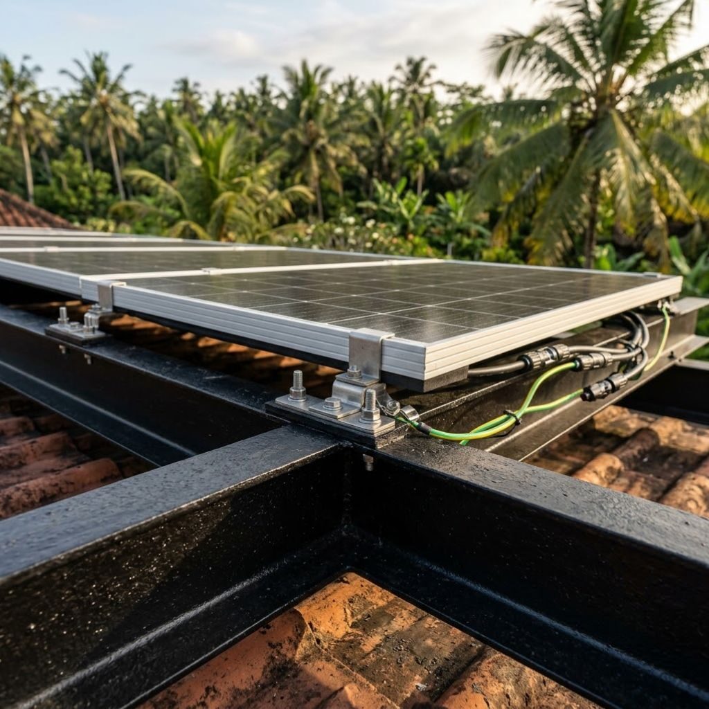 Detail dudukan panel surya pada struktur baja untuk mengatasi beban rangka villa panel surya yang ekstrem.