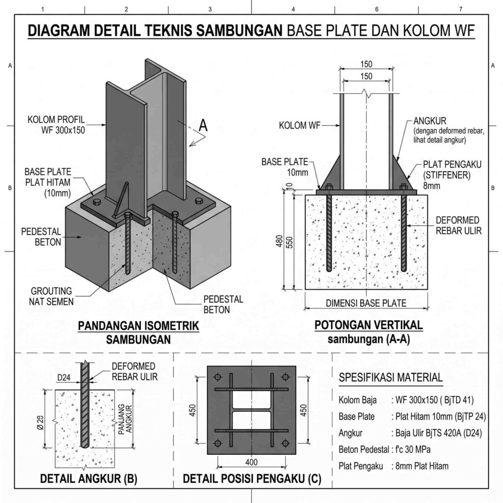 Detail sambungan base plate plat hitam 10mm dan kolom baja WF 300x150