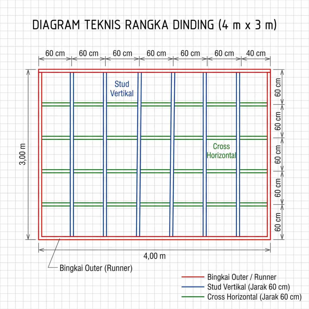 Diagram teknis struktur rangka dinding partisi berukuran 4 m x 3 m